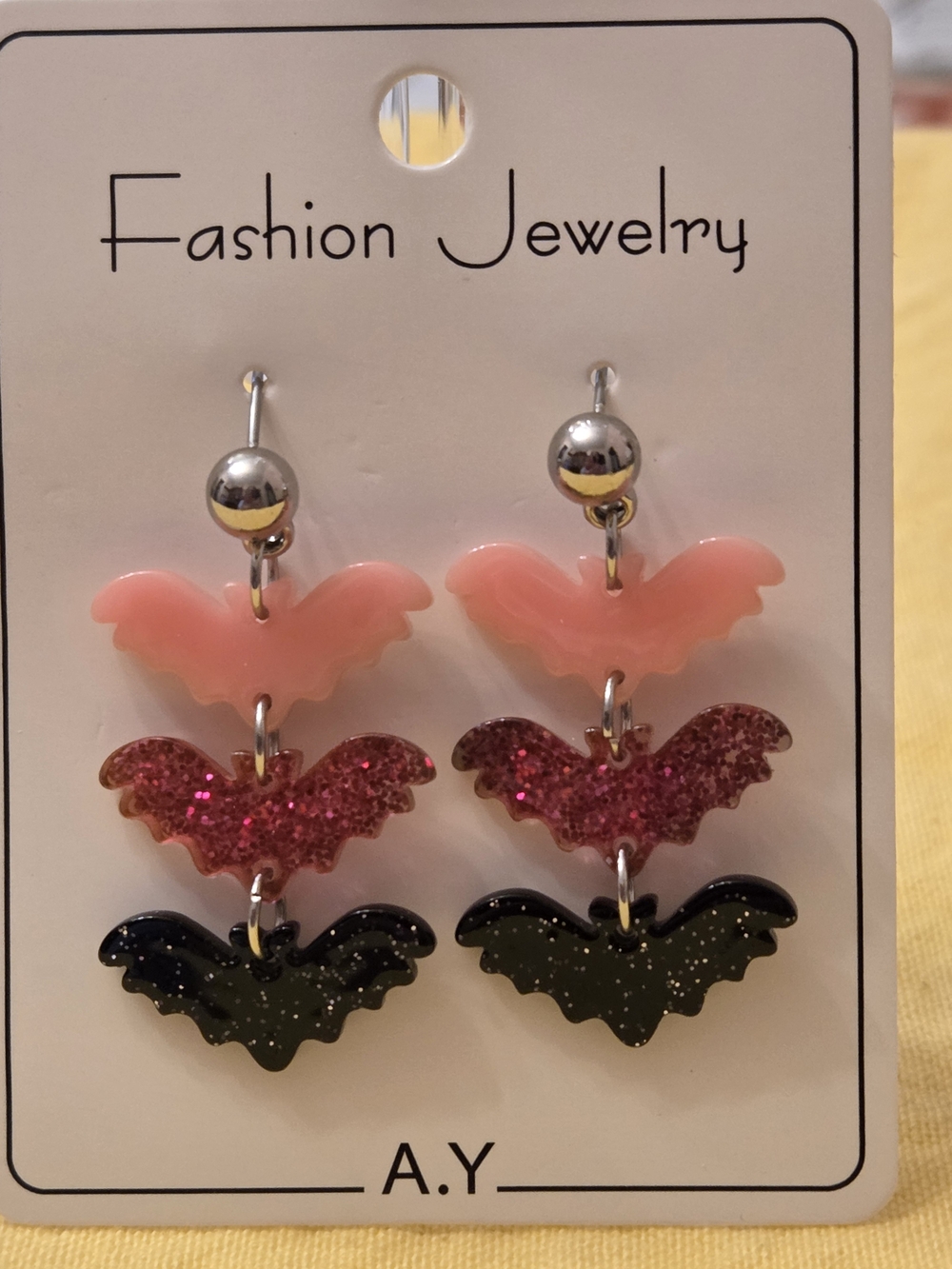 3-Tiered Sparkly Bat Dangle Stud Earrings- Pink, Magenta & Black